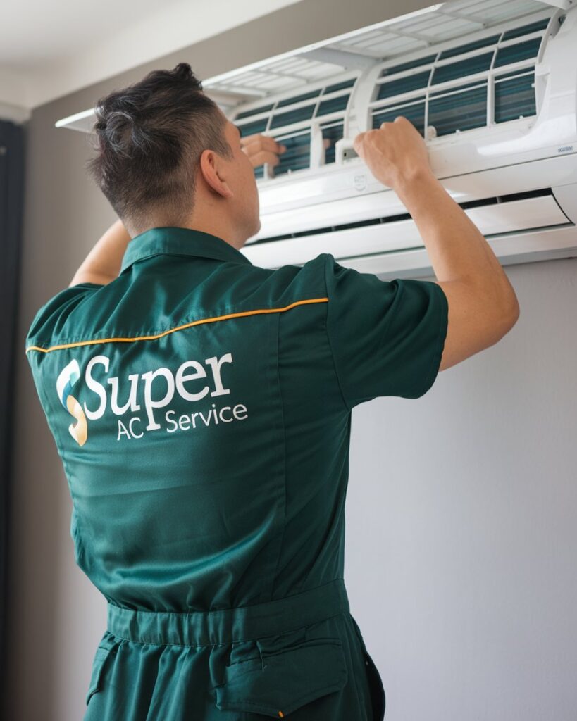 air conditioner technician wear green dress and write Super AC Service on the Dress as company Logo